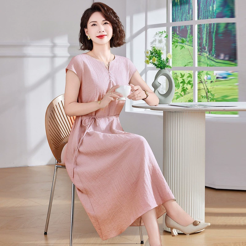 Льняное летнее новое стильное платье для мамы из тенселя, свободная талия, утягивающая длинная юбка, повседневная юбка с короткими рукавами для женщин