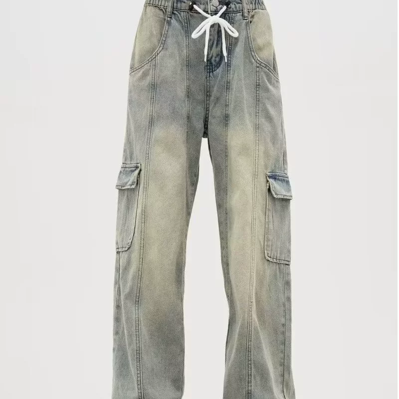 Американский ретро желтая грязь, окрашенная в шнур, комбинезон джинсы эластичный, свободные повседневные прямые брюки