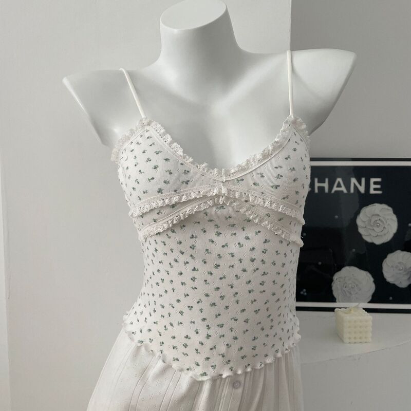 Brandy BM Floral V-neck Lace Cotton Camisole Women's Spring and Summer Short Tight All-match Elegant Top