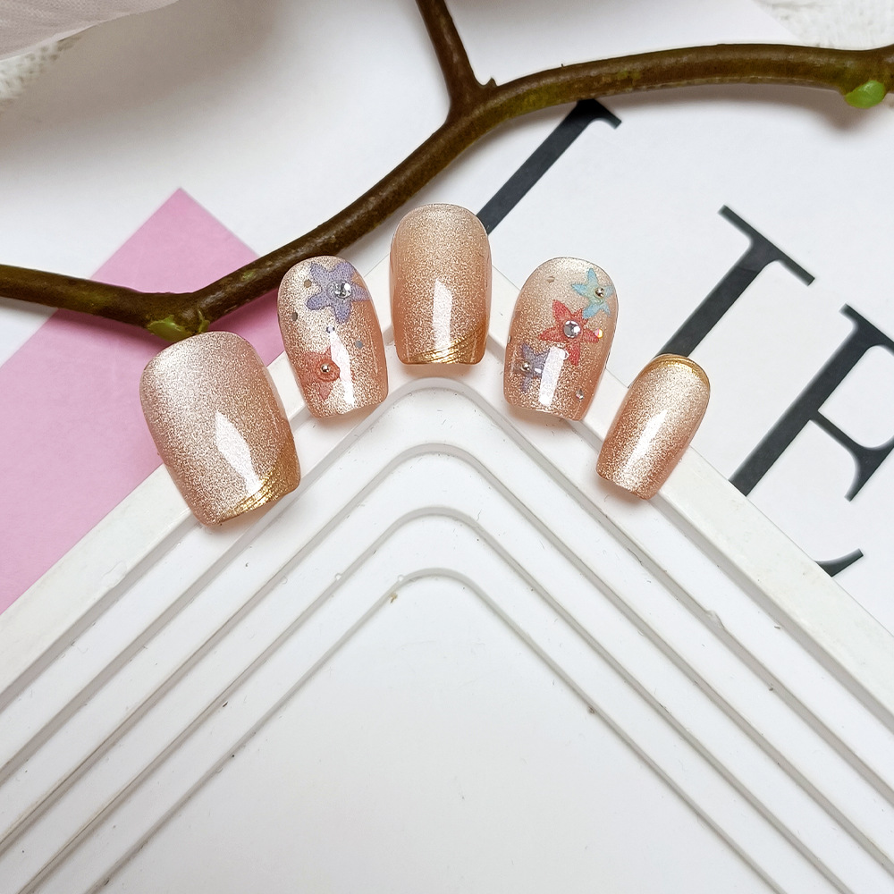 10 piezas de uñas postizas hechas a mano con pedrería floral de colores, pegatinas de uñas de ojo de gato de alta gama. image 4