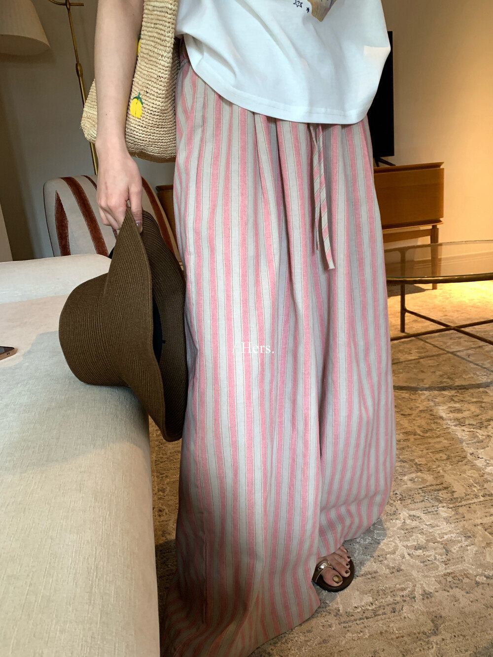 Quần culottes nữ ống rộng cạp cao sọc kẻ dáng dài suông rộng phong cách thư giãn — màu hồng chi tiết 12