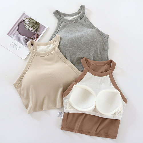 Halter neck camisole women's inner wear with breast pads and short cup all-in-one hot girl niche sports bottoming top