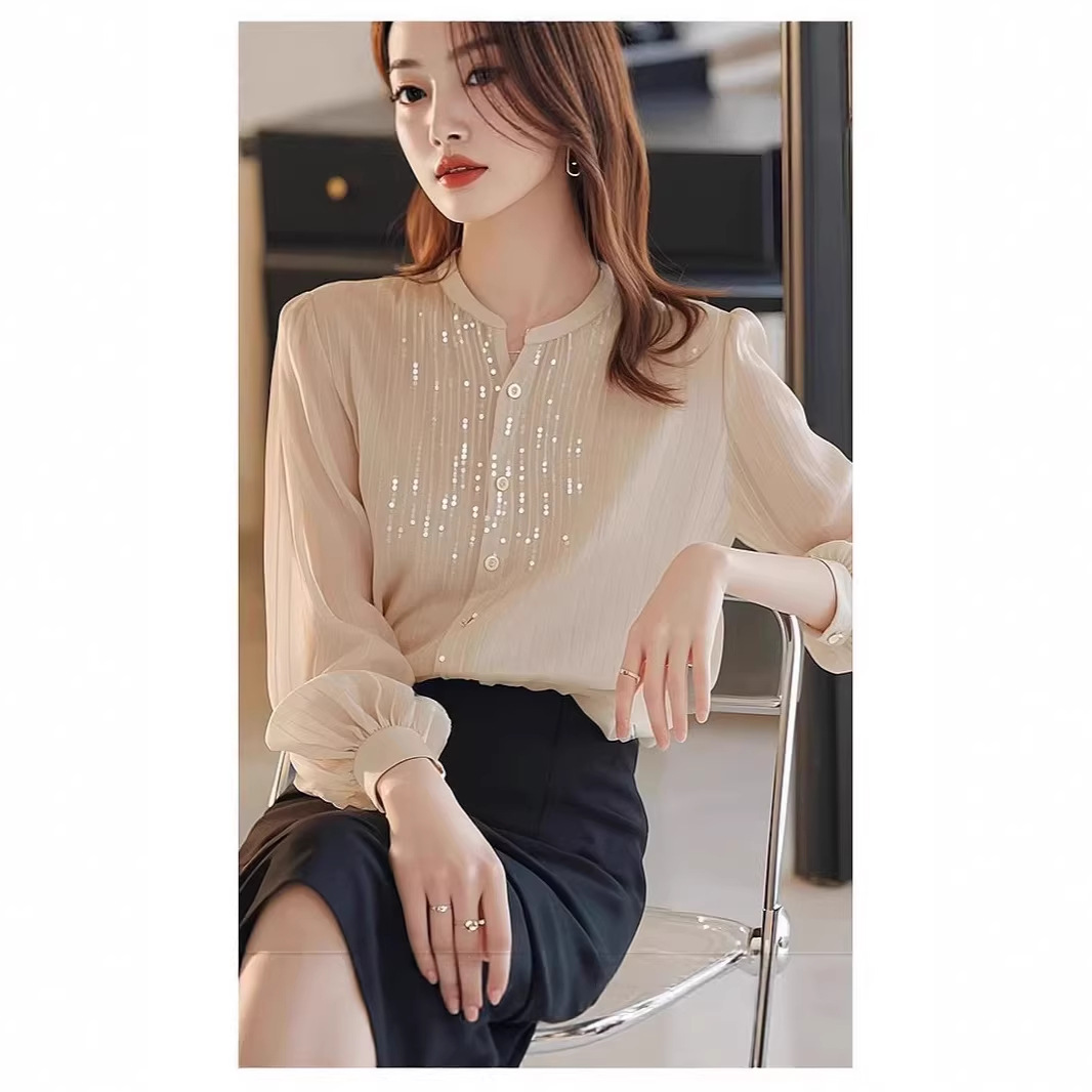 Áo sơ mi nữ dài tay chất liệu lụa trắng phối sequin kiểu Pháp — màu mơ chi tiết 3