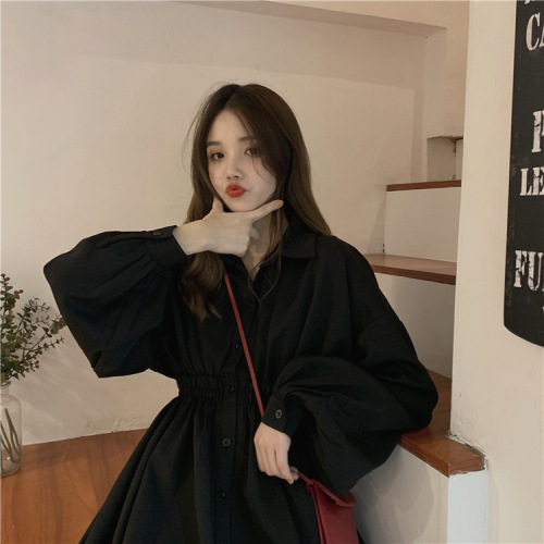 French retro mid-length dress for female students loose Korean style ins fairy long-sleeved shirt dress black skirt