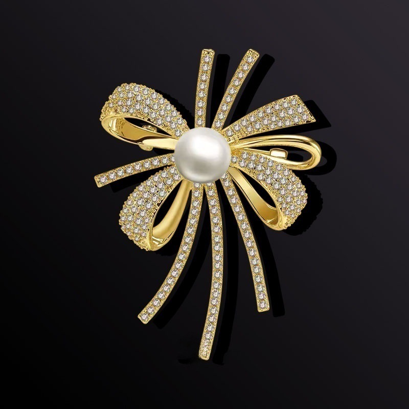Exquisite Full-Diamond Bow Brooch, High-End Women's Elegant Pearl Corsage, Accessible Luxury Design, Brooch, Coat Accessories