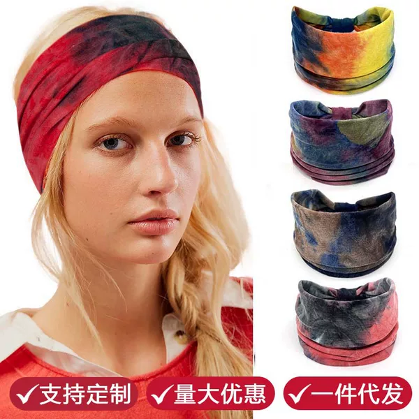 European and American Cross-Border New Women's Tie-Dye Sports Sweatband Yoga Breathable Elastic Fitness Wide-Brimmed Headband to Absorb Sweat