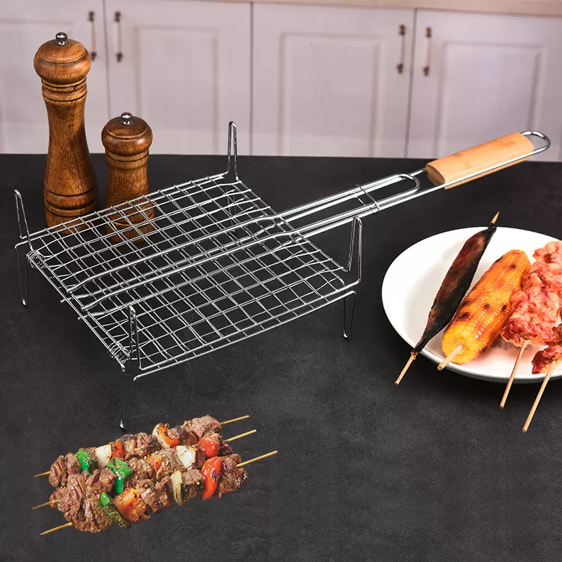 BBQ新款烧烤网高端竹手柄烤网架高脚加粗便携易清洗 电镀烤肉网