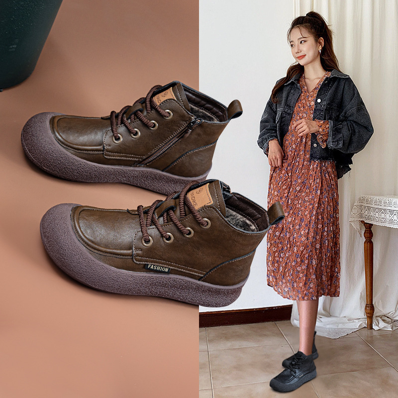 Fashionable Retro Artistic Soft Leather Thick-Soled Martin Boots with Soft Soles, 2026 British Style Side Zipper Lace-Up Popular Small Cotton Boots