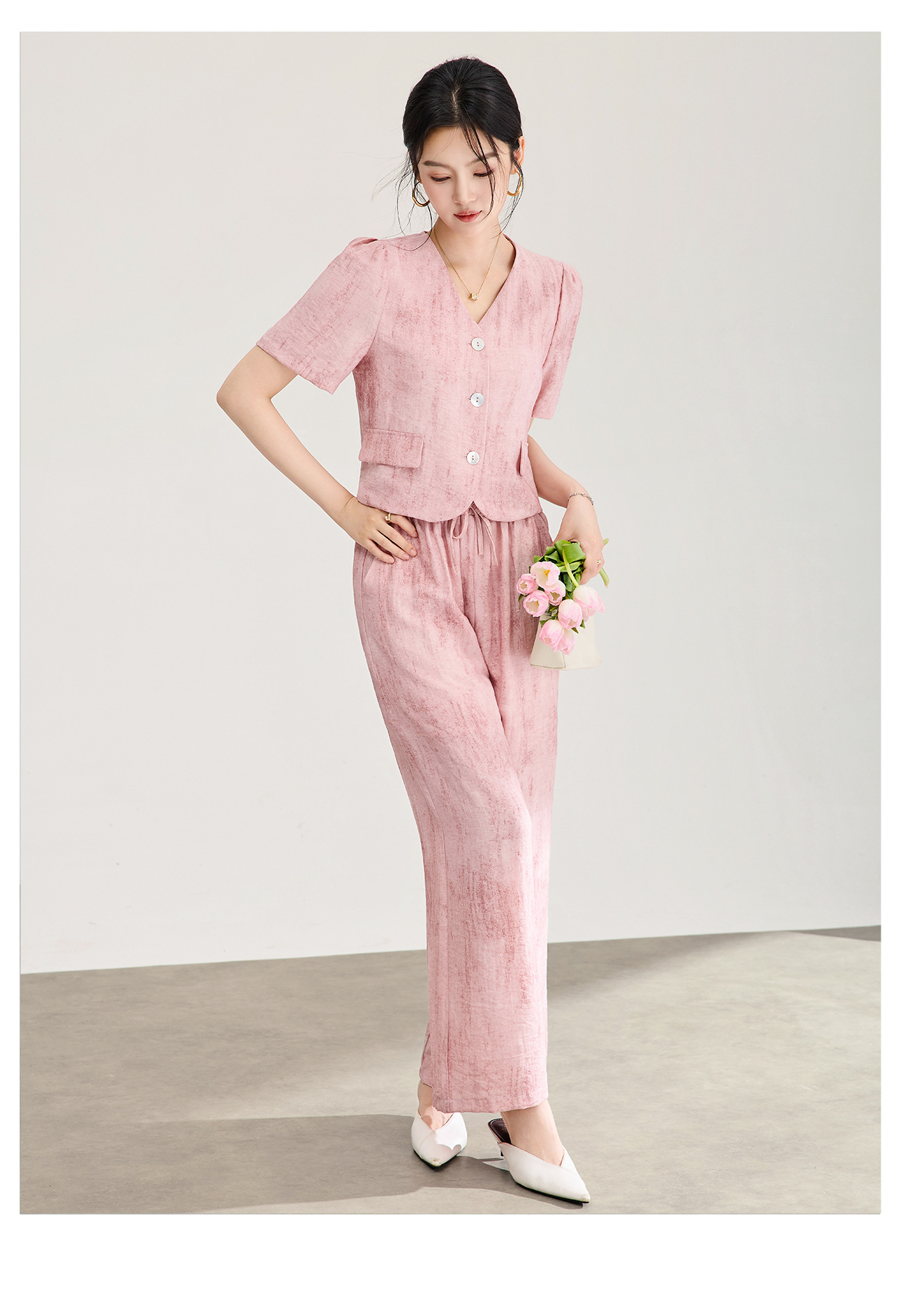 Bộ áo len cổ chữ V kết hợp quần ống rộng nữ phong cách Pháp mùa hè — màu hồng chi tiết 11