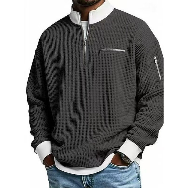 2026 European and American Trendy New Waffle Sweatshirt Fashion Casual Zipper Men's American-Style Long Sleeve