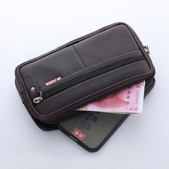 New style cowhide waist bag for men, fashionable black multifunctional coin purse, large capacity three-layer zipper mobile phone waist bag