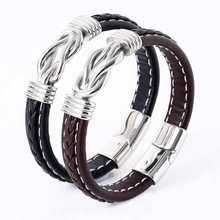 欧美时尚通勤手环男士bracelet皮革手链合金磁吸麻花款手镯