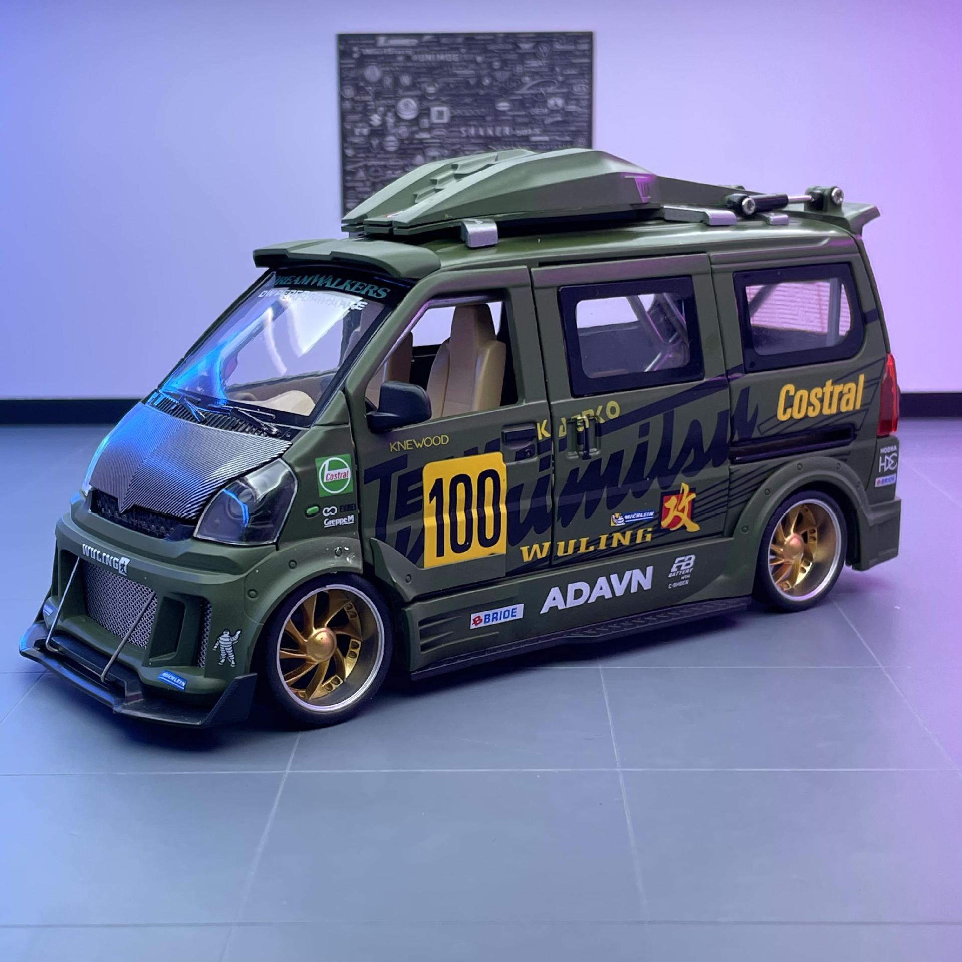 Modelo de coche de aleación Welly 1:24 Wuling Van versión modificada con sonido y luz, juguete de retroceso, modelo de coche para niños, adorno.