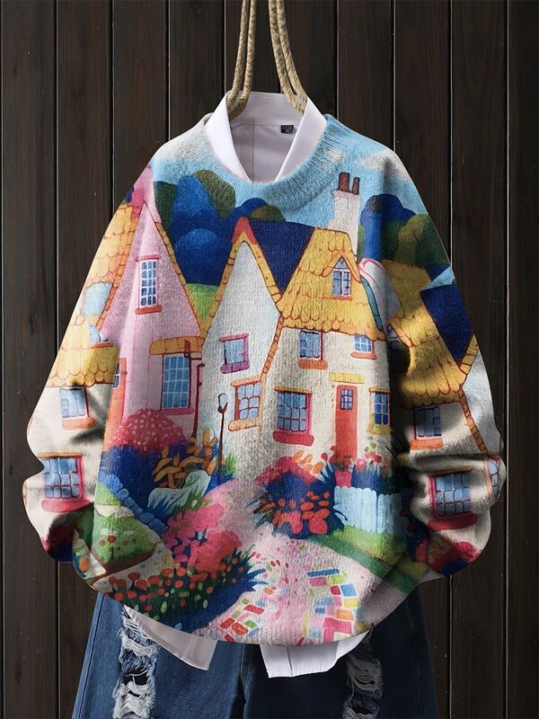 Autumn and Winter Niche Street Style Loose Early Autumn Fairy House Print Sweater Round Neck New Knitted Autumn and Winter Niche Street Style Loose Early Autumn Fairy House Print Sweater Round Neck New Knitted