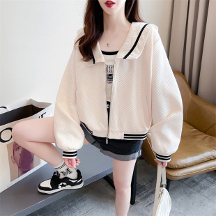 Real shot autumn new Korean style loose back bag collar jacquard navy collar zipper cardigan plus size thin coat for women