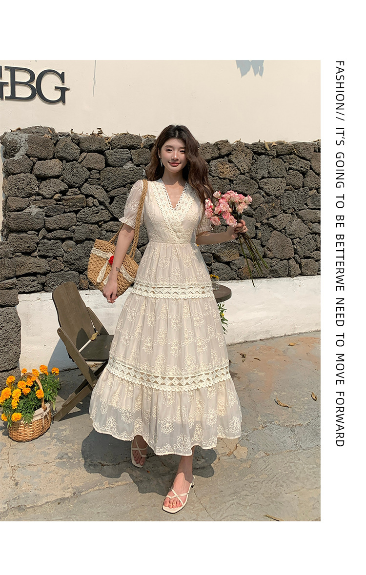 Đầm maxi nữ tay bồng ren hoa V cut-out phong cách Pháp cung đình — xanh lam, màu hồng, màu mơ chi tiết 14
