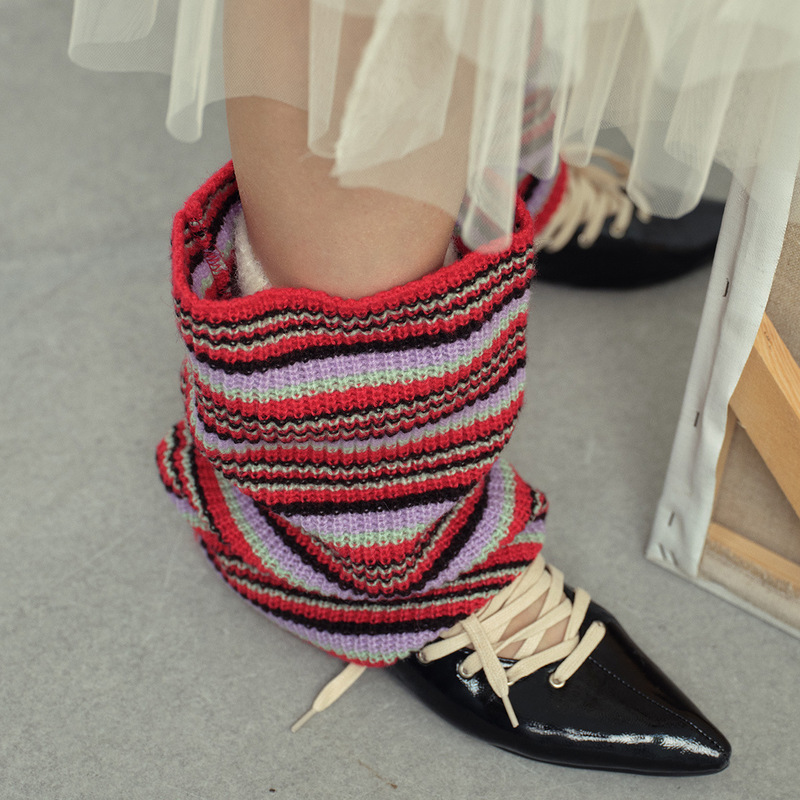 Designer Wide Striped Pile Wool Blended Knitted Socks for Women Autumn and Winter Collocation Wool Calf Cover