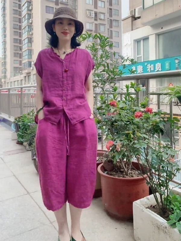 休闲通勤时尚棉麻套装夏季新款百搭好看无袖上衣七分裤两件装女装|undefined