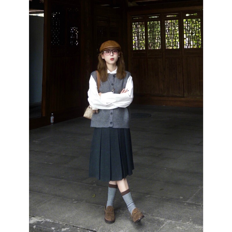 Atmospheric Knitted Vest Layered with Long-Sleeved Single-Breasted Shirt and Autumn and Winter Short Skirt Three-Piece Set