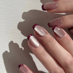 跨境熱銷法式紅色美甲裸粉貓眼穿戴式假指甲甲片批發短款指甲貼片