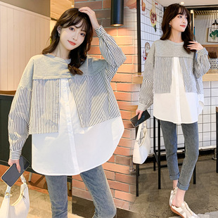 2024 spring and autumn maternity clothes fashionable round neck fake two-piece striped shirt top stitching loose casual all-match sweater