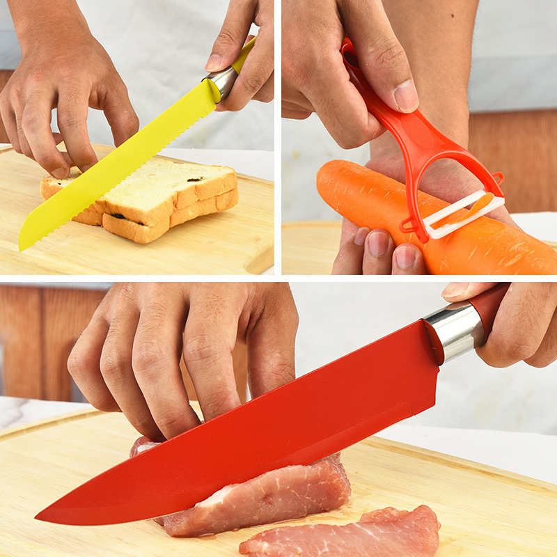 Nuevo cuatro-esquina mango de seis piezas cuchillo conjunto traje Arco Iris color cuchillo de cocina de acero inoxidable cuchillo regalo caja de color al por mayor