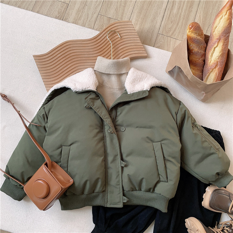 2023 invierno ropa de los nuevos niños de los niños grandes solapa abajo chaqueta niños y niñas con capucha corta abajo chaqueta engrosada