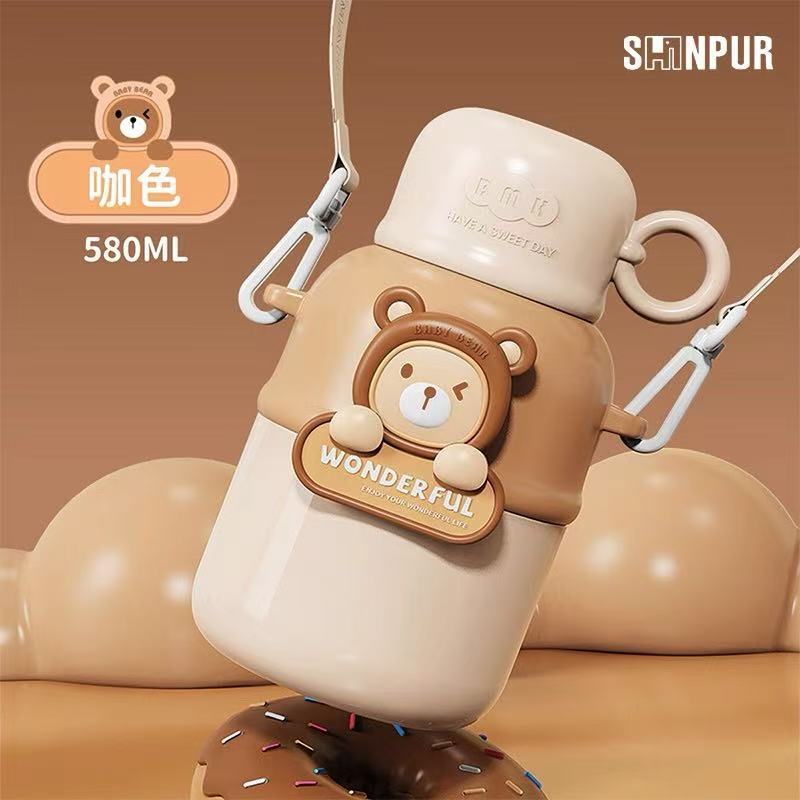 Vaso aislante de acero inoxidable 316 para niños con pajita emergente, correa cruzada, botella de agua portátil unisex.