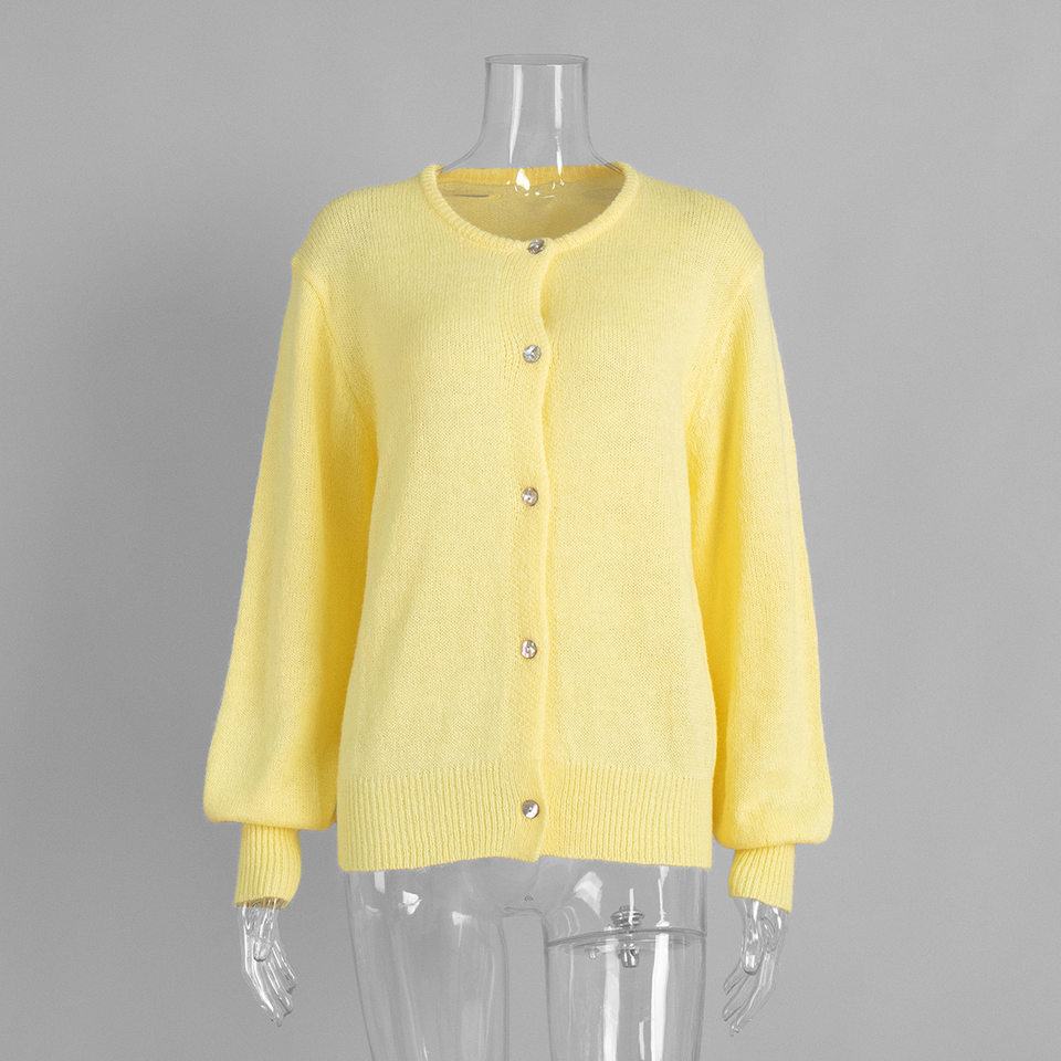 Áo cardigan len dệt kim dáng mỏng nhẹ cài nút một hàng, tay dài cổ tròn nữ — hoa hồng đỏ, màu be, màu cam, màu hoa cà chi tiết 135
