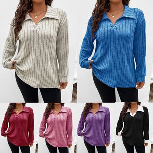 2025 Amazon Autumn and Winter New Loose Solid Color Plus-Size Women's Top with V-Neck Collar, Long Sleeves, Ribbed Brushed T-Shirt