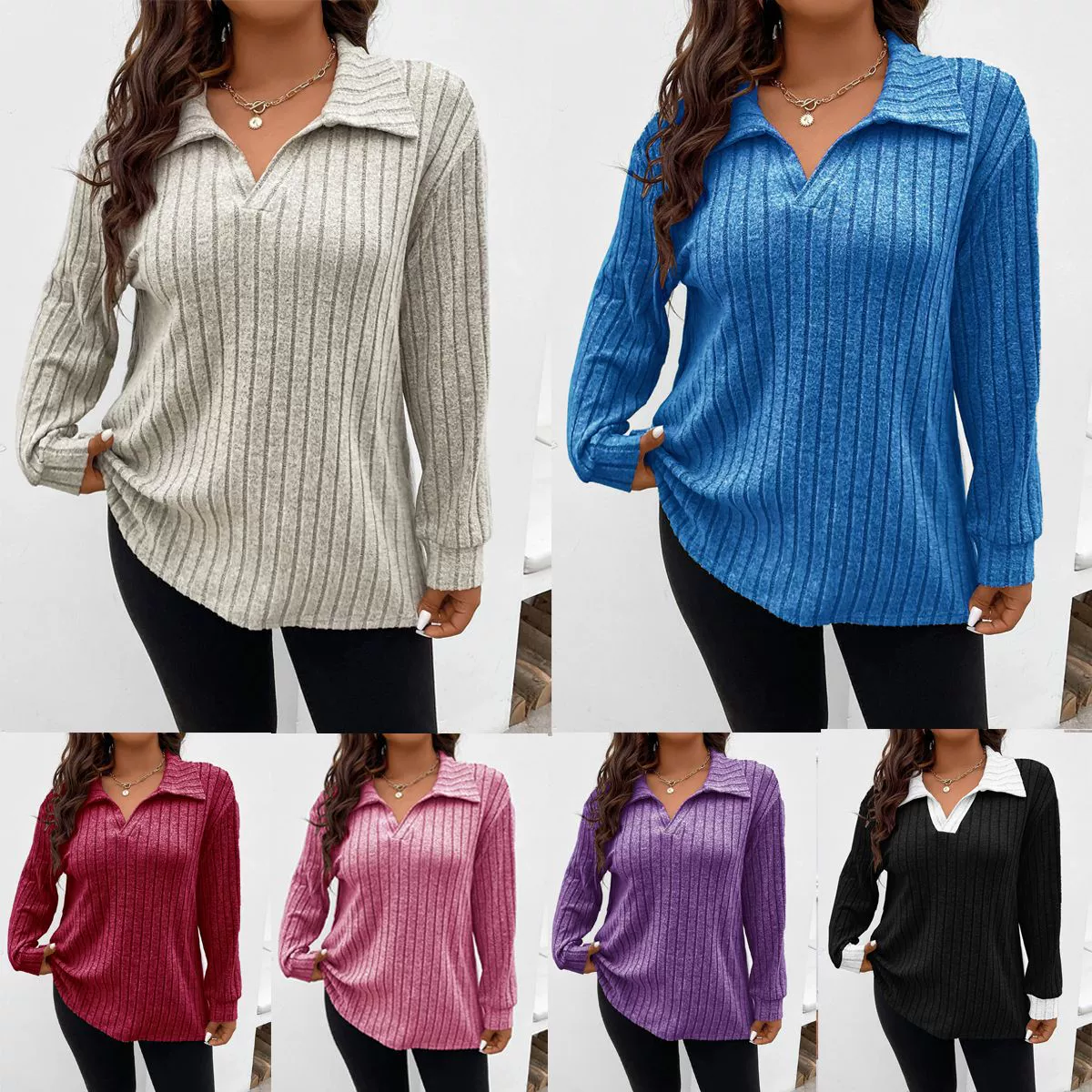 Amazon, осень и зима 202, новые свободные однотонные женские топы больших размеров, v-образные лацканы, футболка с длинными рукавами и полосками, матовая футболка