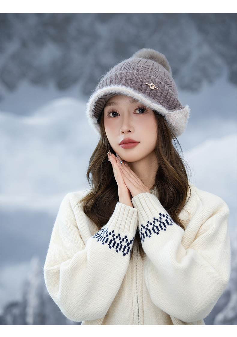 Autunno Inverno Nuovo G Label Bicolore Paraorecchie sfilacciato Esterno Foderato in pile Ispessito Antifreddo Caldo Viso-snellente Lavorato a maglia_voghion.com