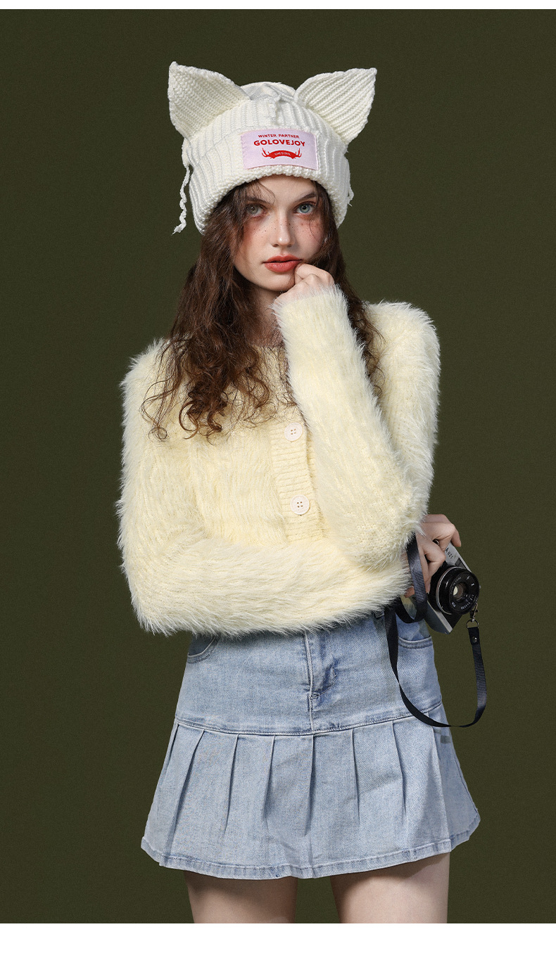 Autunno e inverno Nuovo piccolo e carino cappello con orecchio di volpe Cappello lavorato a maglia con orecchio di gatto di maiale femminile Cappello freddo caldo e antivento_voghion.com