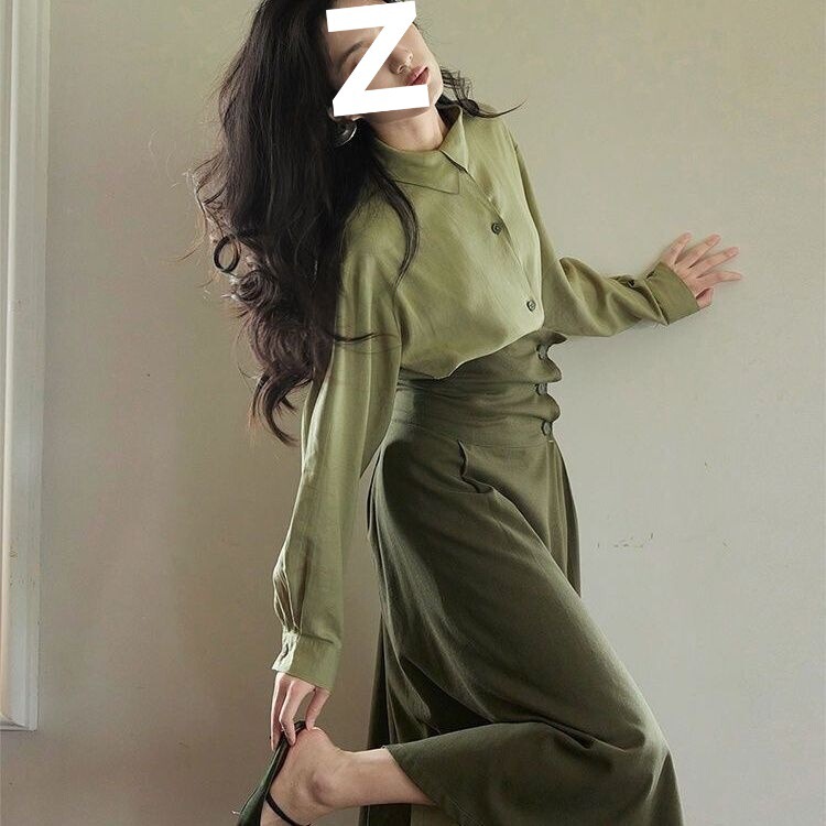 法式绿色不对称领复古套装女2025秋季新款高级感衬衫半身裙潮包屉|undefined