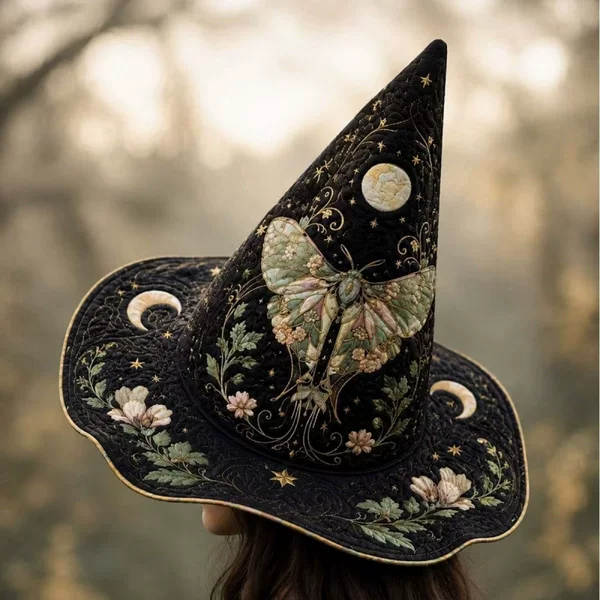 2026 New Cross-Border Holiday Digital Print Quilted Craft Halloween Art Hat Quilted Embroidered Witch Hat Magic Hat