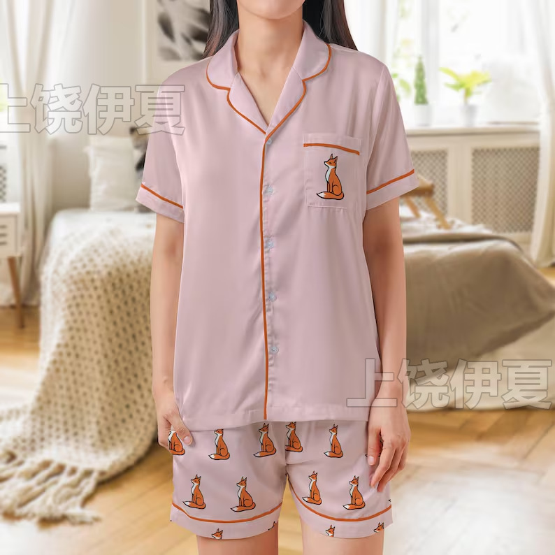 伊夏跨境热销定 制休闲女士睡衣印花翻领短袖短裤欧美|undefined
