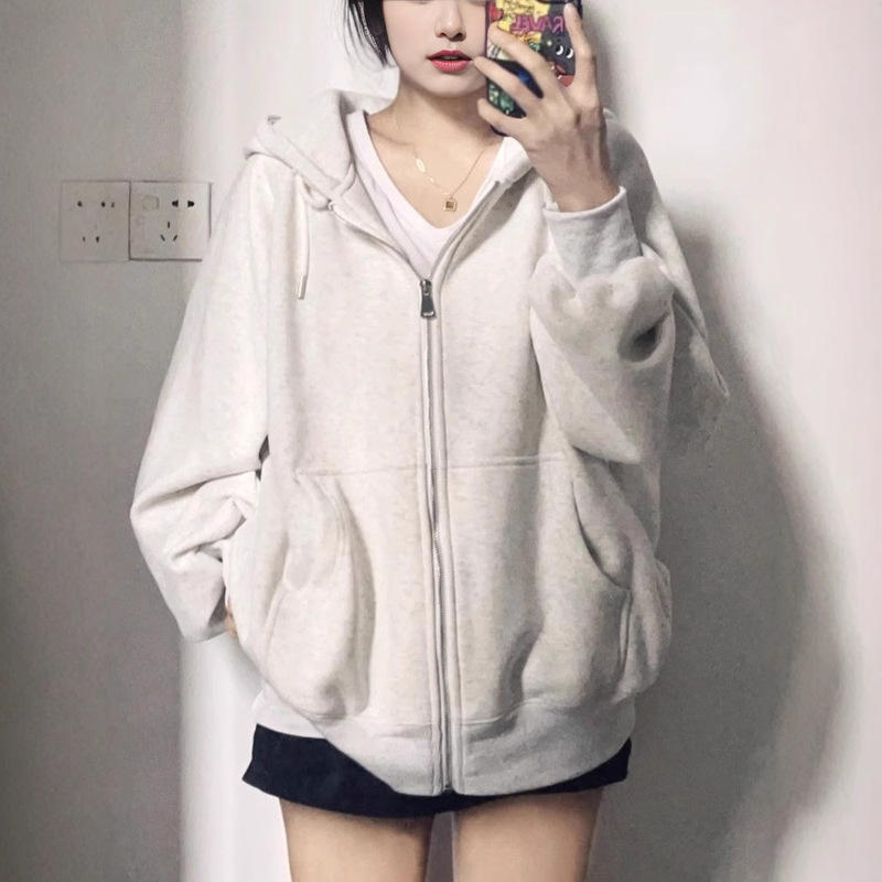 美式复古高街连帽卫衣女春秋oversize薄款外套chic慵懒开衫上衣|undefined