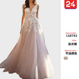 2025跨境夏季新款欧美女装性感蕾丝连衣裙无袖深V领婚纱绣花 长裙
