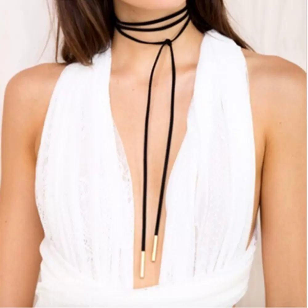 简约时尚绑带韩国绒长款蝴蝶结项链锁骨现货批发亚马逊珍珠