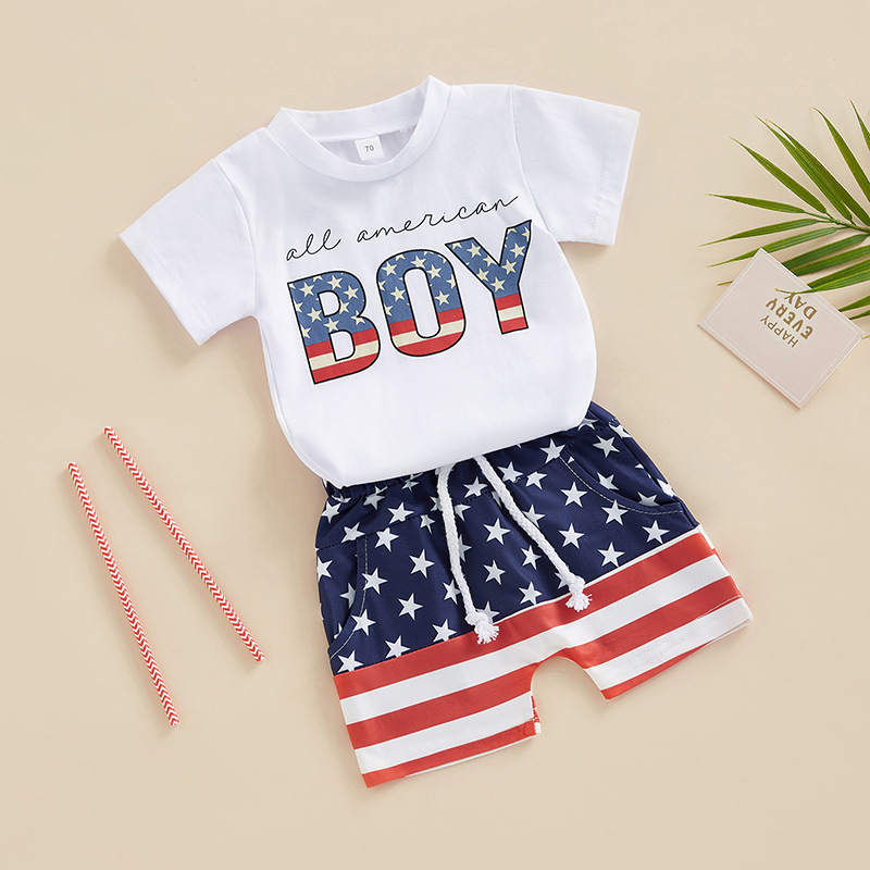 Independence Day Casual Simple Style Sports Letter Stripe Cotton Boys Clothing Sets display picture 2