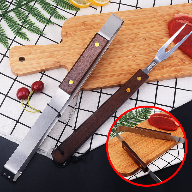 Asado de madera de acero inoxidable de tres piezas conjunto de herramientas de barbacoa combinación de horquilla doméstica al aire libre Amazon fuente