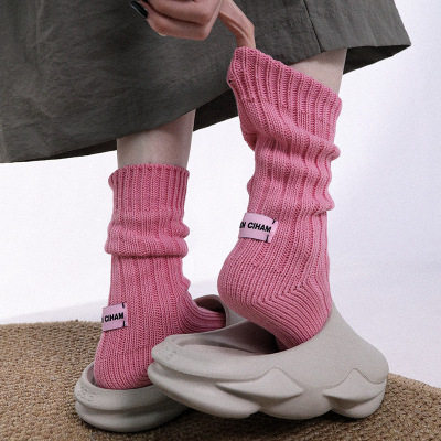 秋冬日系粉色标签纯色原胚棉粗线针织中筒袜子男女堆堆袜ins批发