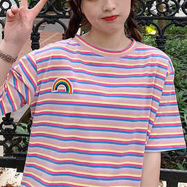 夏季新款韩版彩虹条纹休闲宽松百搭短袖T恤女装网红ins港风上衣潮