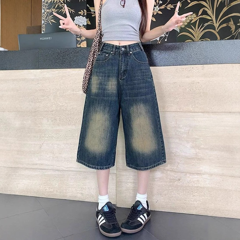 Hong Kong Style Women's Summer New 2025 Personalized Street Jeans Hip-Hop Ins Trendy High Street Trendy Handsome Cropped Pants