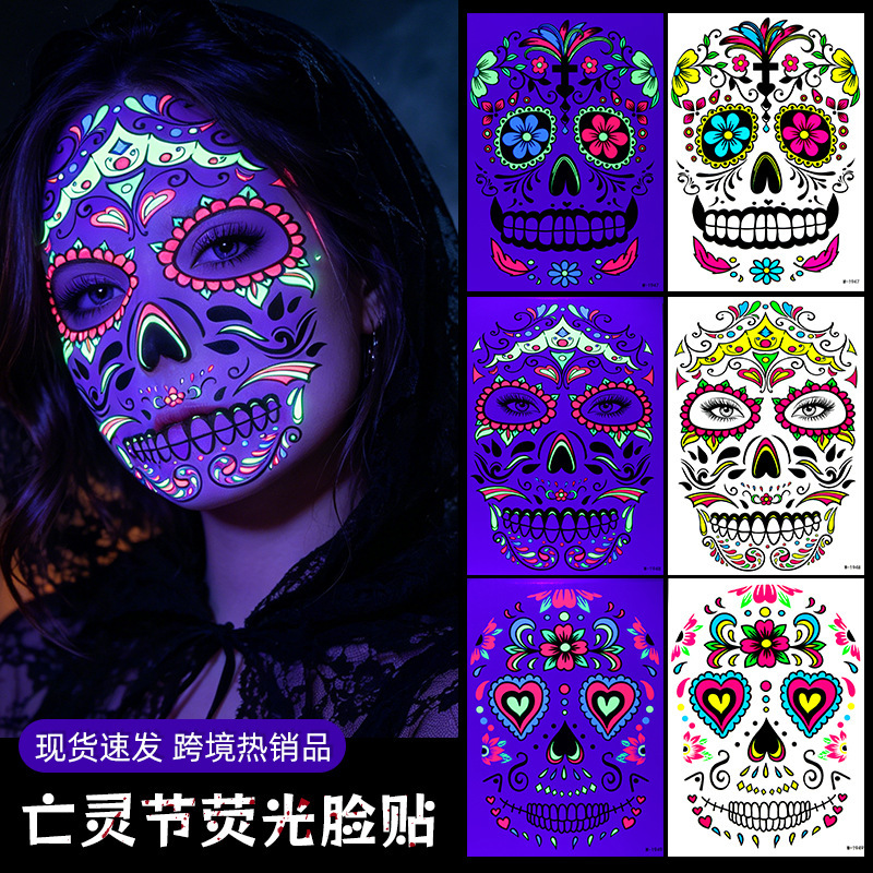 Cross-Border Mexican Day of the Dead Sugar Skull Face Fluorescent Tattoo Stickers Custom Colorful Full Face Halloween Makeup Stickers Cross-Border Mexican Day of the Dead Sugar Skull Face Fluorescent Tattoo Stickers Custom Colorful Full Face Halloween Makeup Stickers