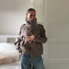 欧美跨境2025秋冬女装时尚通勤百搭上衣立领排扣短款呢子外套女