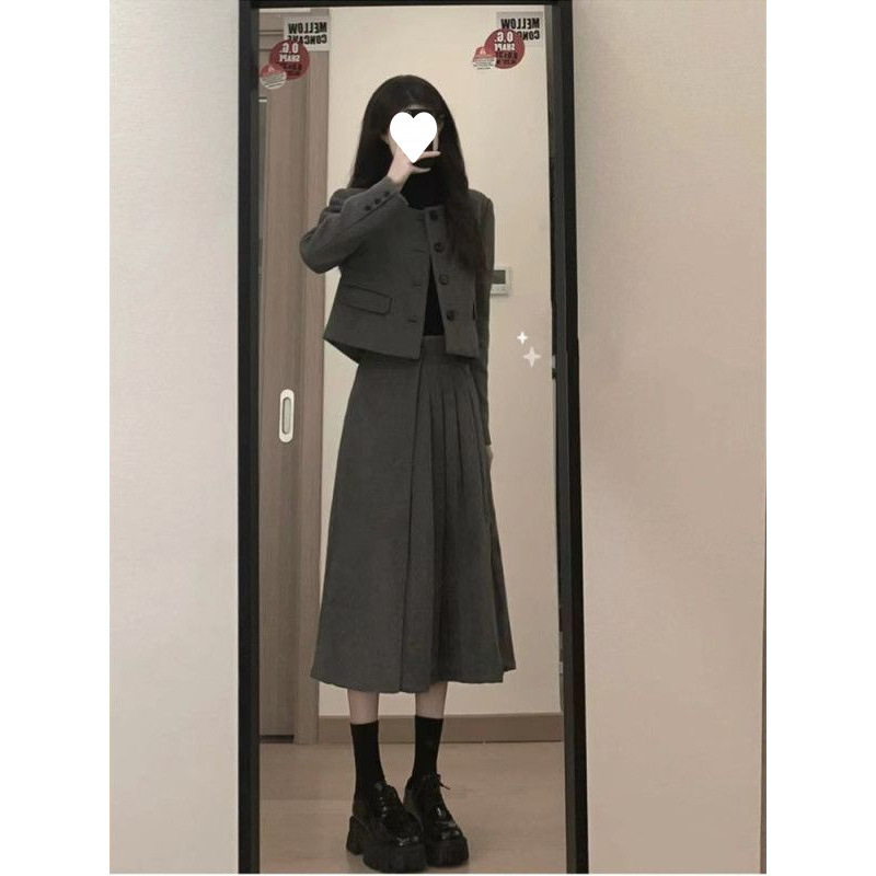 秋冬盐系穿搭套装女小个子气质短款毛呢外套半身高腰百褶裙两件套|undefined