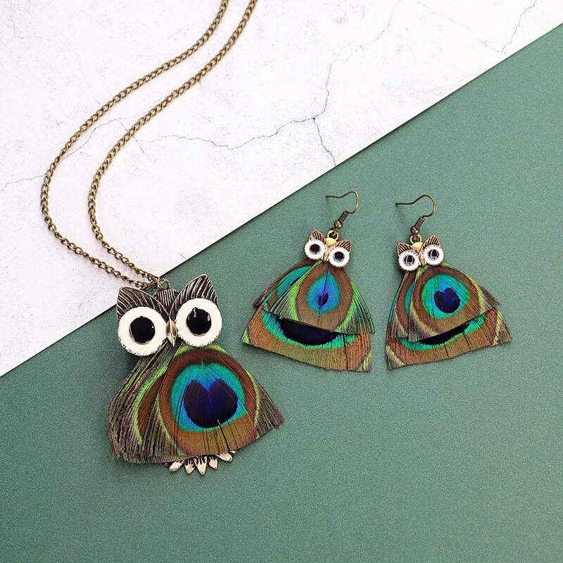 Original Natural Peacock Feather Owl Necklace Vintage Long All-match Pendant Elegant Niche Earrings Accessories Women