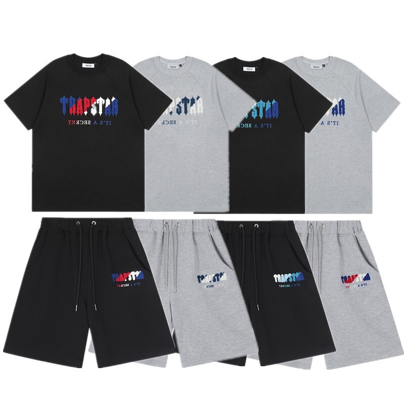 Trapstar Gradient Letter White and Blue Towel Embroidery Short-Sleeve T-Shirt and Shorts Men's Set Instrapstar Cross-Border Trapstar Gradient Letter White and Blue Towel Embroidery Short-Sleeve T-Shirt and Shorts Men's Set Instrapstar Cross-Border
