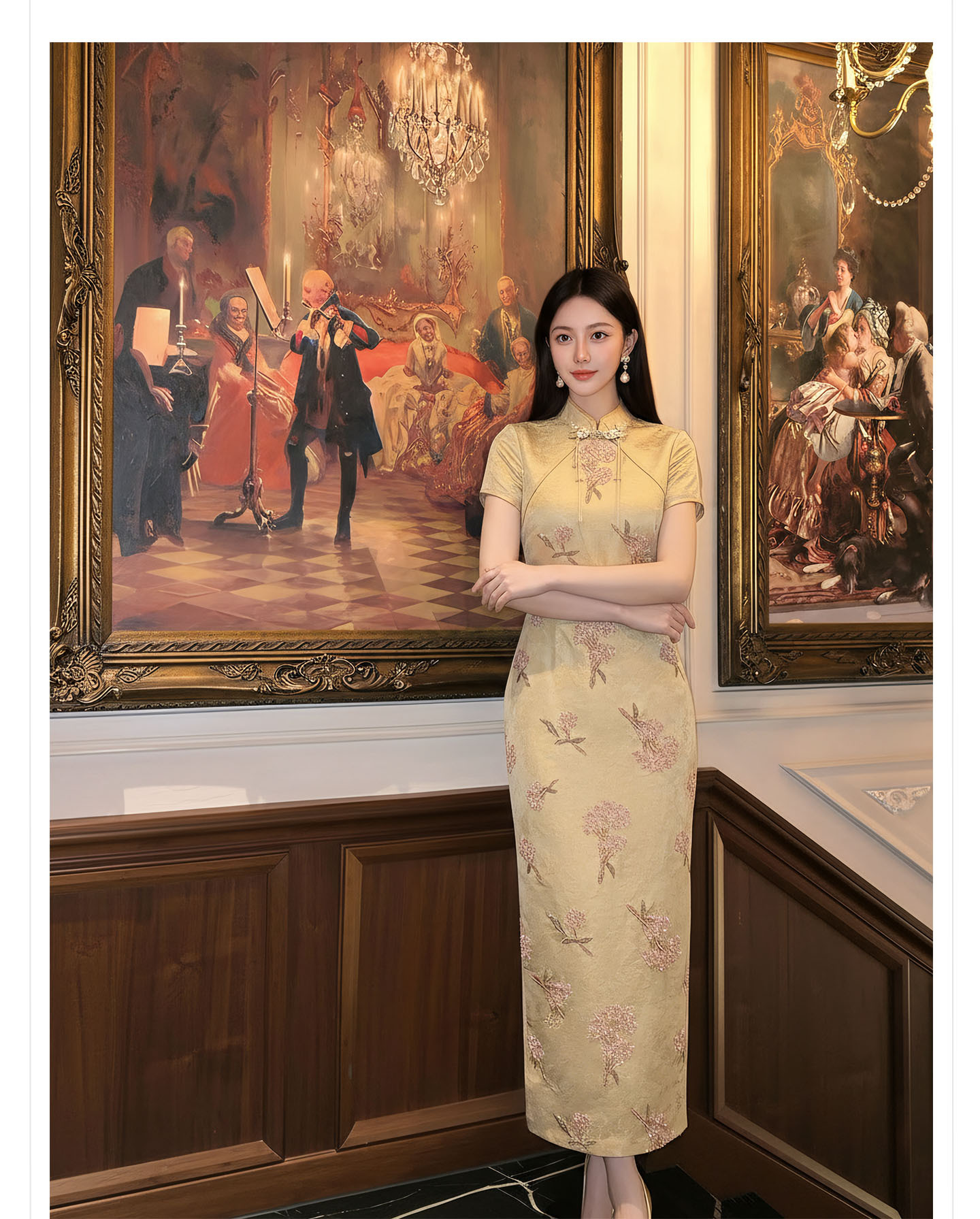 Đầm maxi nữ thêu ren hoa cổ trụ cài khuy, phong cách tân cổ điển — màu vàng chi tiết 10